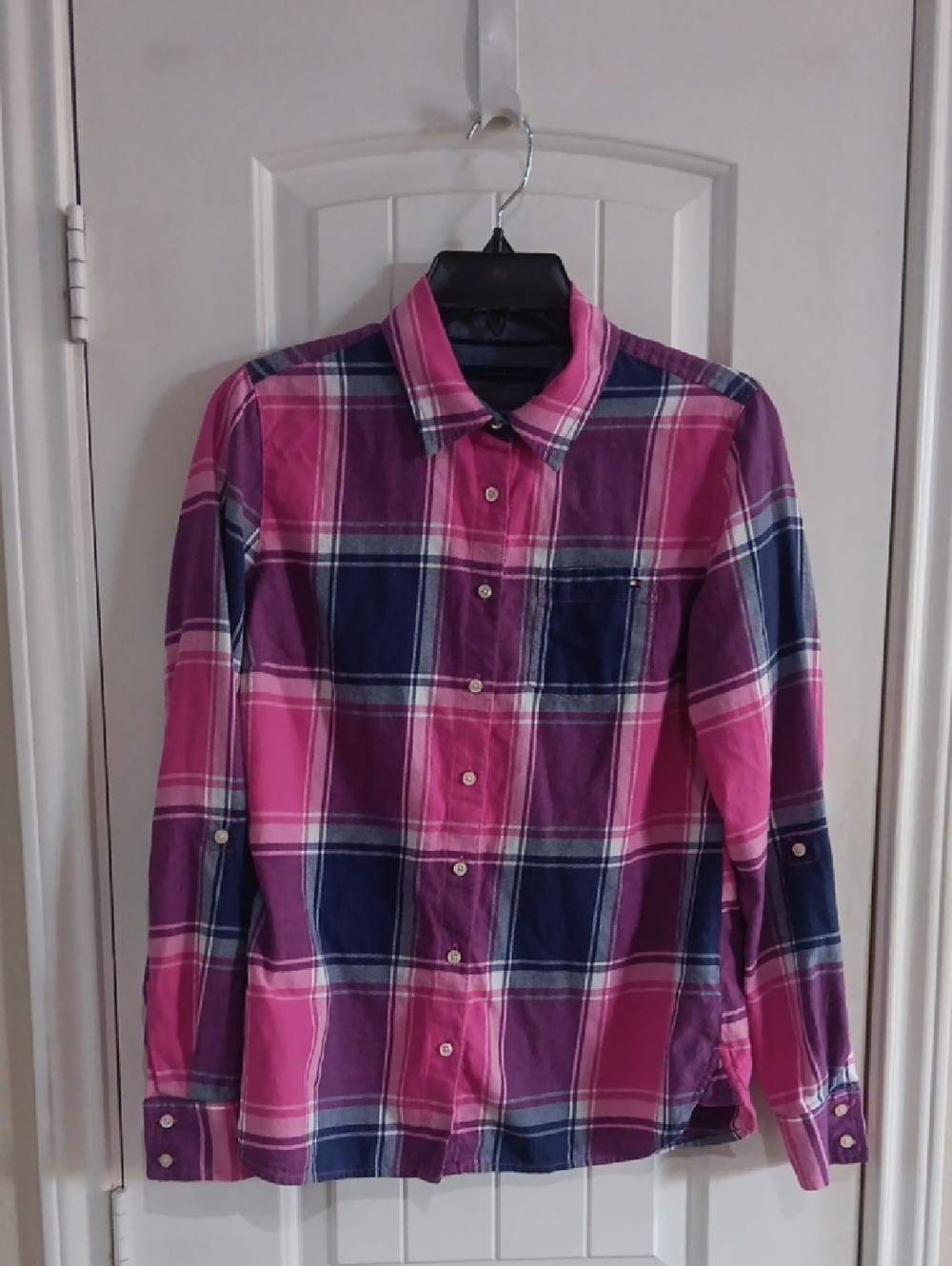 Tommy Hilfiger Admiral Pink Plaid Roll-Tab Shirt Chambray Detail